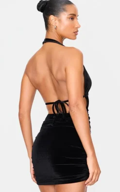 Black Velvet Low Scoop Back Halter Neck Mini Dress
