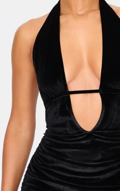 Black Velvet Low Scoop Back Halter Neck Mini Dress