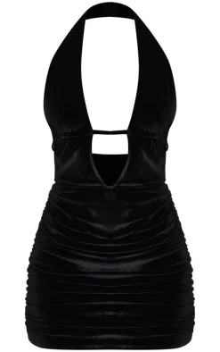Black Velvet Low Scoop Back Halter Neck Mini Dress