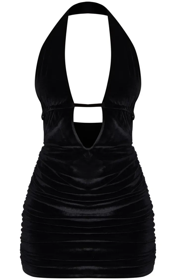 Black Velvet Low Scoop Back Halter Neck Mini Dress