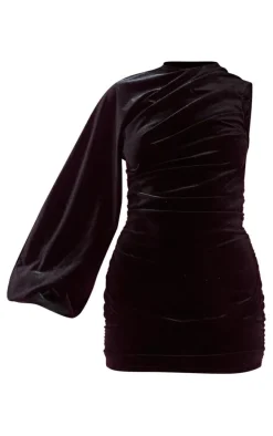Black Velvet One Shoulder Ruched Detail Bodycon Dress
