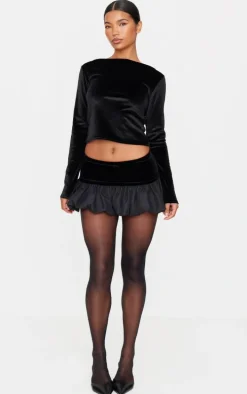 Black Velvet Panel Puffball Mini Skirt