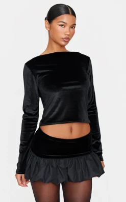 Black Velvet Panel Puffball Mini Skirt