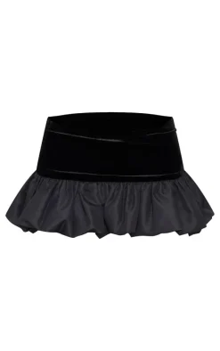 Black Velvet Panel Puffball Mini Skirt