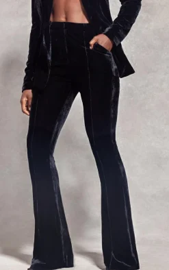 Black Velvet Pintuck Detail Flared Pants