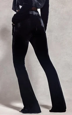Black Velvet Pintuck Detail Flared Pants