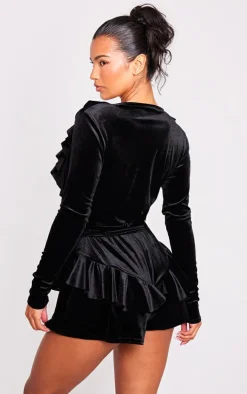 Black Velvet Plunge Frill Corsage Romper