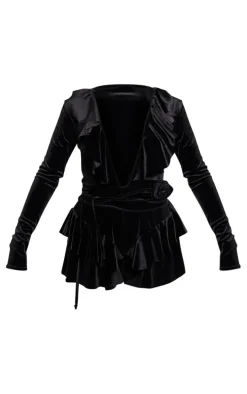 Black Velvet Plunge Frill Corsage Romper