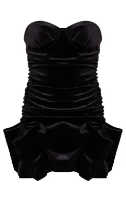 Black Velvet Puff Hem Bandeau Bodycon Dress