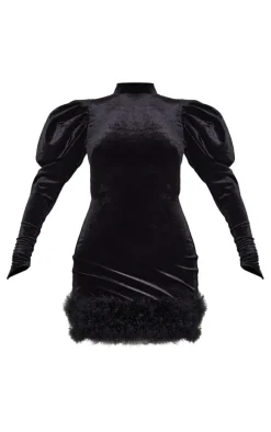 Black Velvet Puff Sleeve Feather Trim Open Back Bodycon Dress