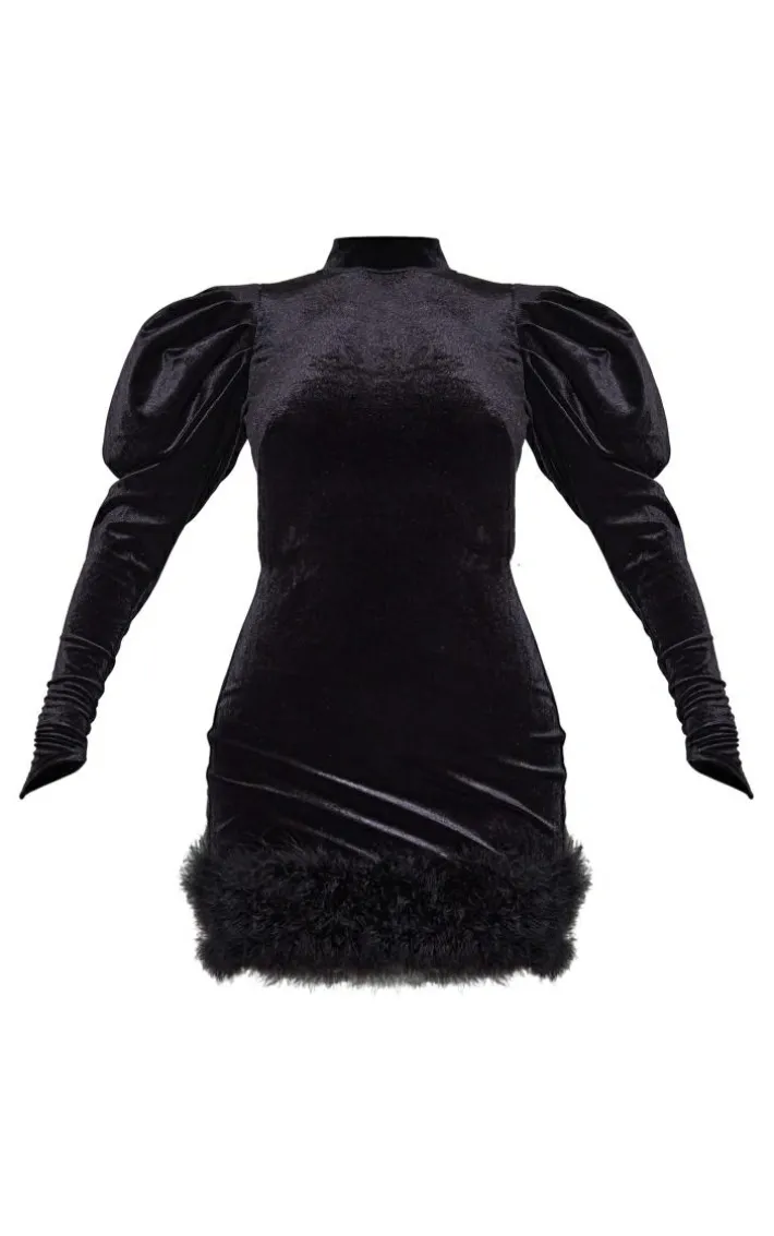 Black Velvet Puff Sleeve Feather Trim Open Back Bodycon Dress