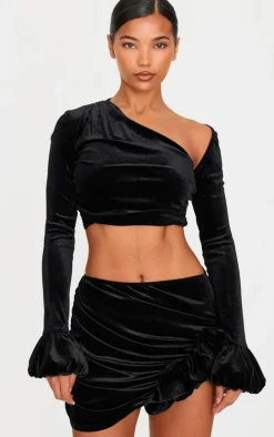 Black Velvet Puff Sleeve Cropped Top