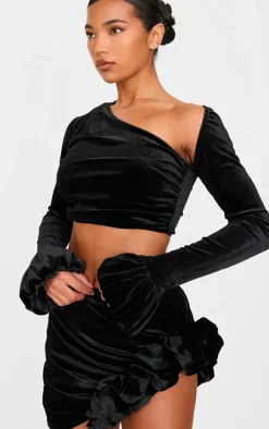 Black Velvet Puff Sleeve Cropped Top