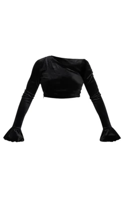 Black Velvet Puff Sleeve Cropped Top