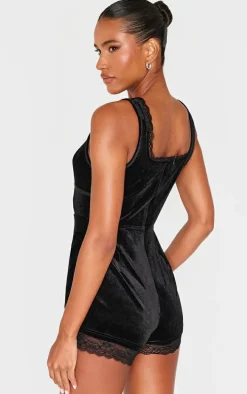 Black Velvet Ribbon Trim Romper