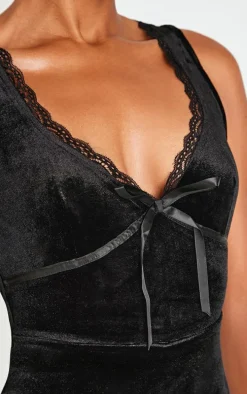 Black Velvet Ribbon Trim Romper