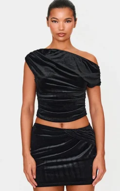 Black Velvet Ruched Detail Top