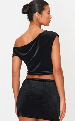 Black Velvet Ruched Detail Top