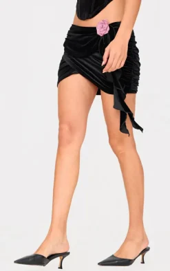 Black Velvet Ruched Frill Detail Mini Skirt