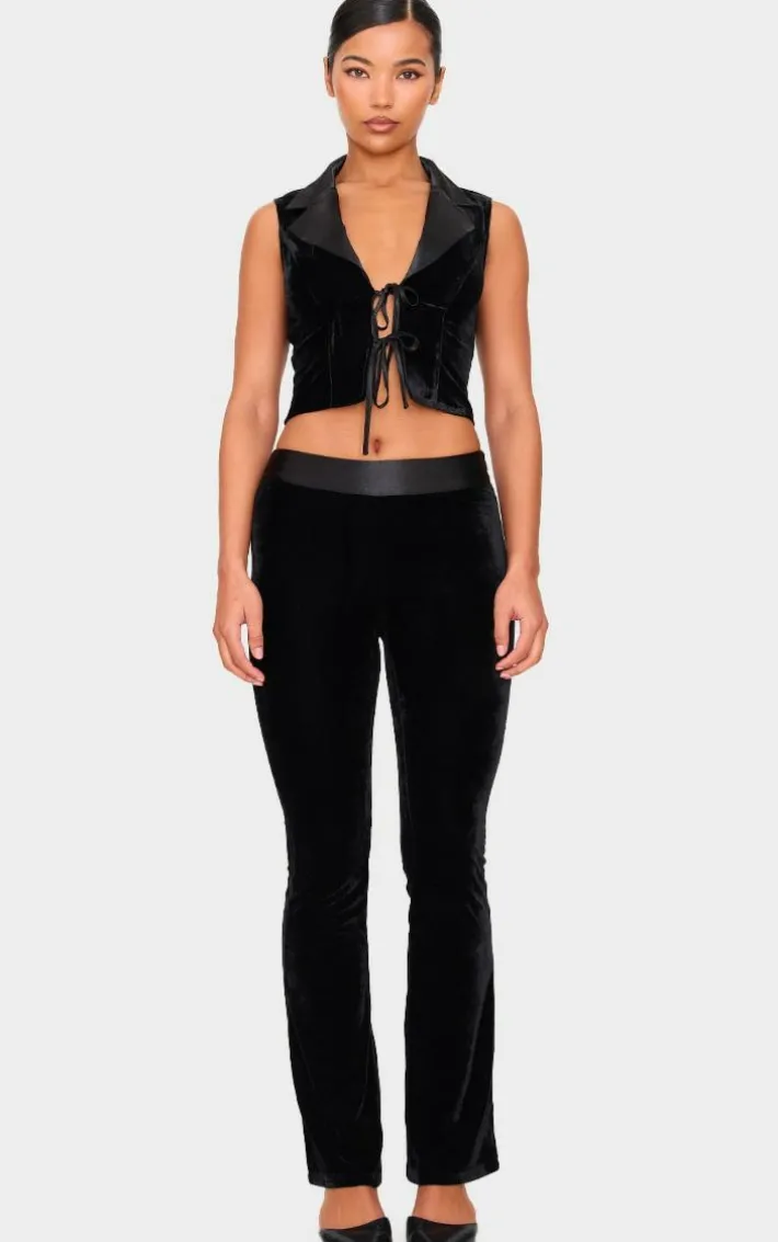 Black Velvet Satin Waistband Skinny Flare Pants