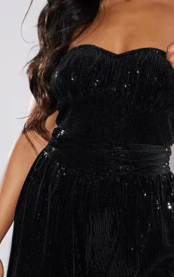 Black Velvet Sequin Bandeau Ruched Bust Romper