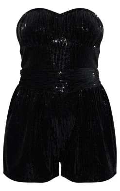 Black Velvet Sequin Bandeau Ruched Bust Romper