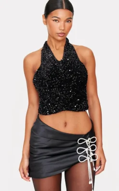 Black Velvet Sequin Halterneck Long Top