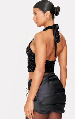Black Velvet Sequin Halterneck Long Top