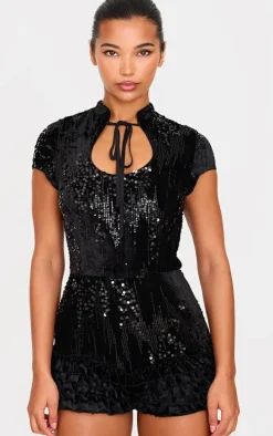 Black Velvet Sequin Key Hole Bloomer Romper