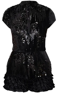 Black Velvet Sequin Key Hole Bloomer Romper