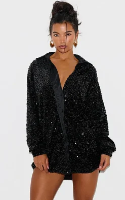 Black Velvet Sequin Oversized Shirt Dress