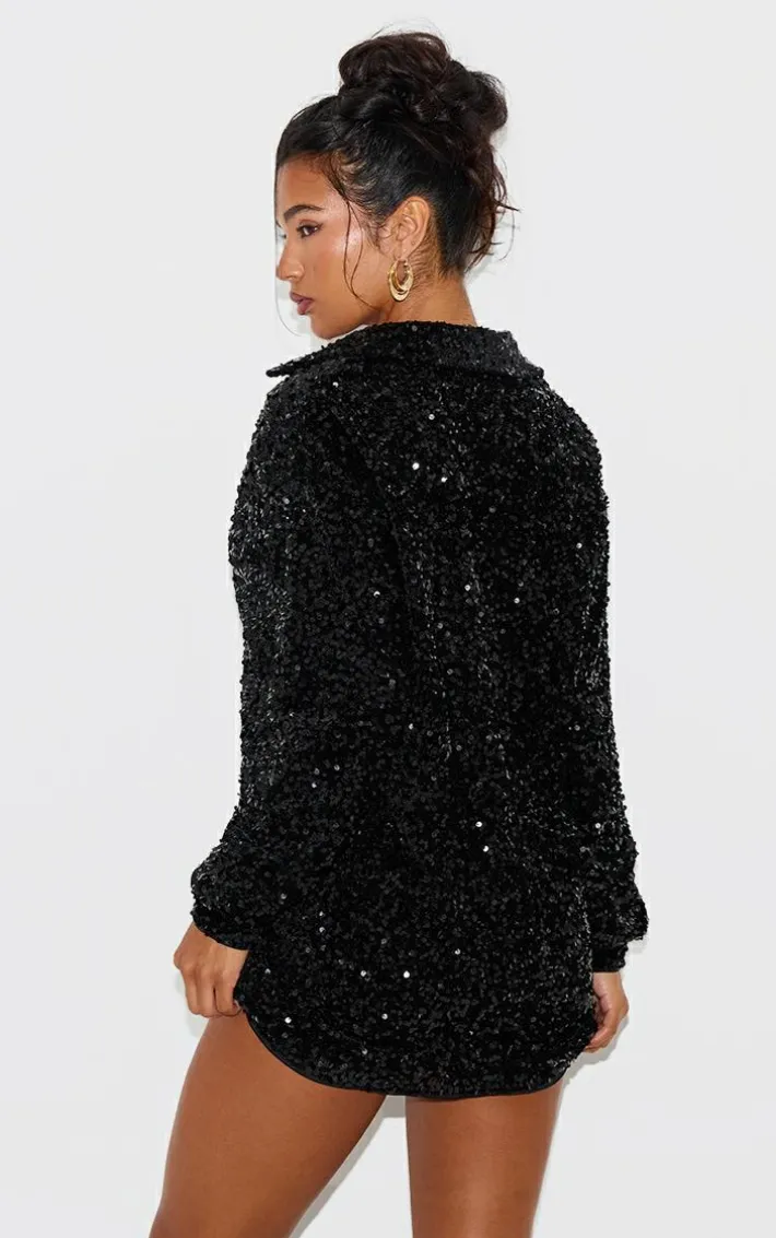 Black Velvet Sequin Oversized Shirt Dress