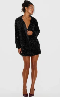 Black Velvet Sequin Oversized Shirt Dress