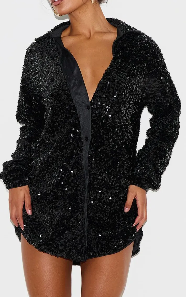 Black Velvet Sequin Oversized Shirt Dress