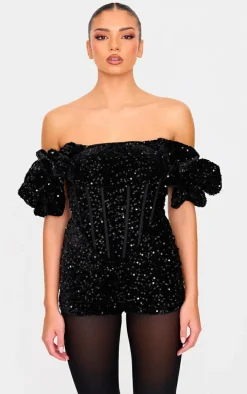 Black Velvet Sequin Puff Sleeve Romper