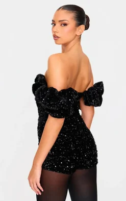 Black Velvet Sequin Puff Sleeve Romper
