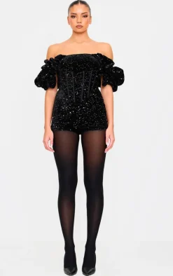 Black Velvet Sequin Puff Sleeve Romper