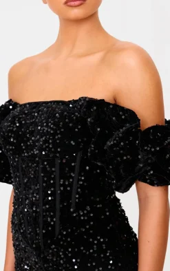 Black Velvet Sequin Puff Sleeve Romper