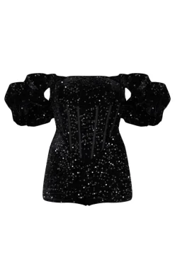 Black Velvet Sequin Puff Sleeve Romper