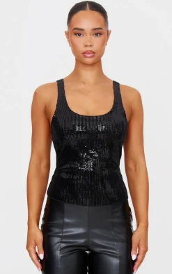 Black Velvet Sequin Scoop Neck Vest