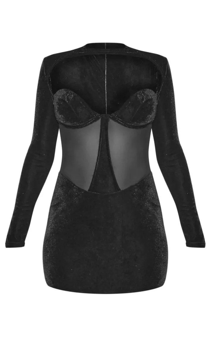 Black Velvet Side Cut Out Detail Bodycon Dress