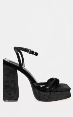 Black Velvet Square Toe Strappy Block Platform Heels