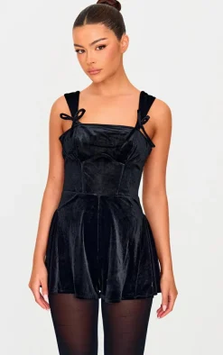 Black Velvet Strappy Bow Detail Romper