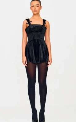 Black Velvet Strappy Bow Detail Romper