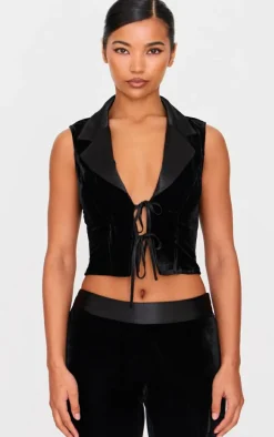 Black Velvet Tie Front Vest