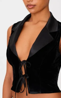 Black Velvet Tie Front Vest