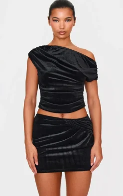 Black Velvet Wrap Detail Mini Skirt