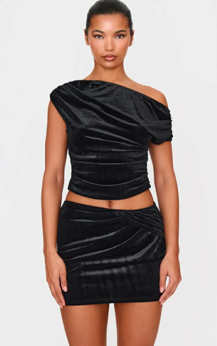 Black Velvet Wrap Detail Mini Skirt