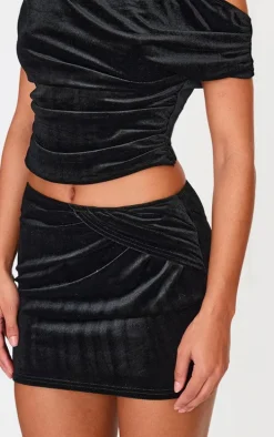 Black Velvet Wrap Detail Mini Skirt