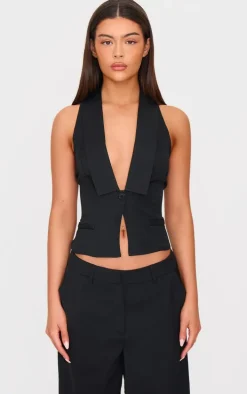 Black Vest Style Halterneck Top
